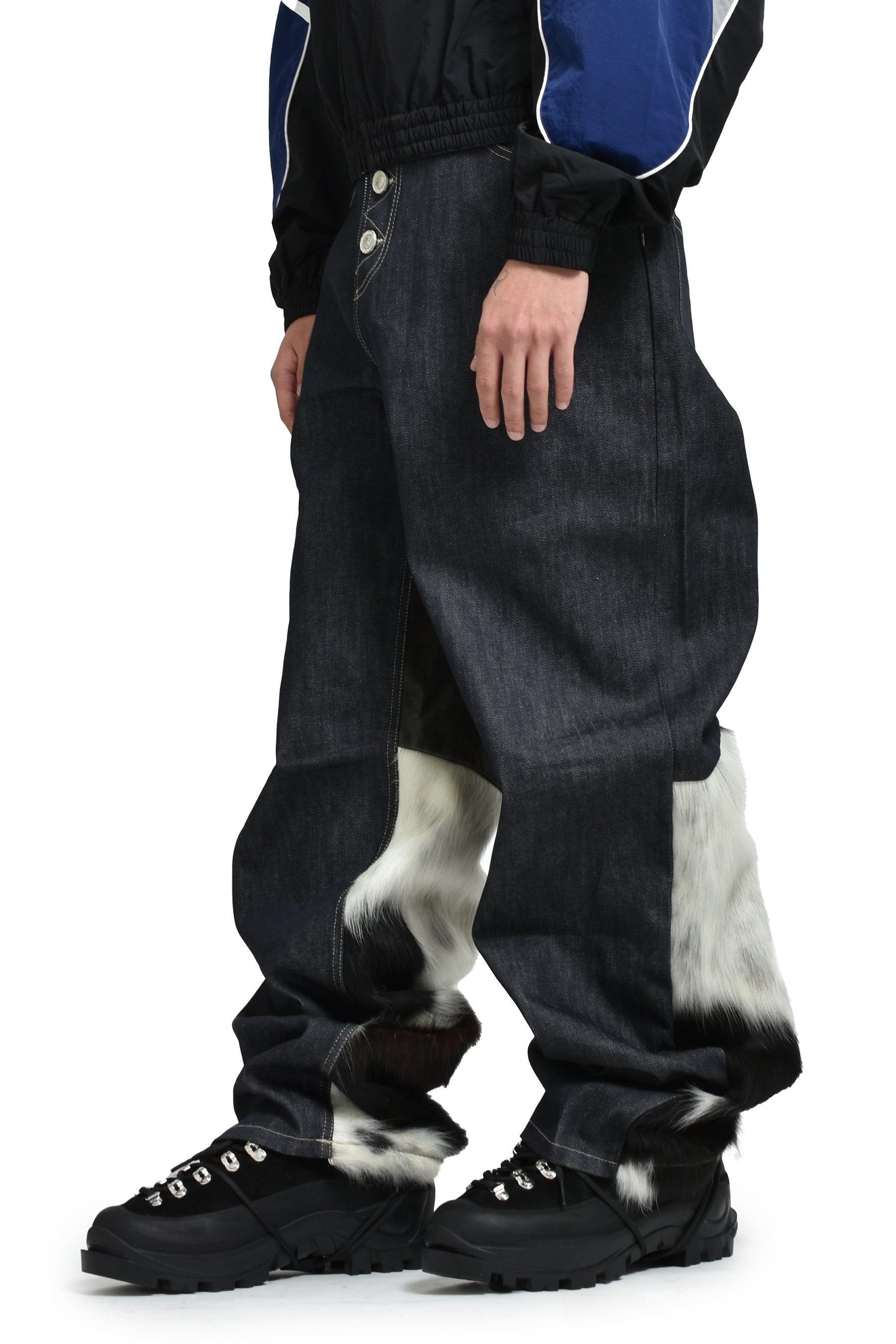 PANELED HYBRID DENIM PANTS / PONY HAIR