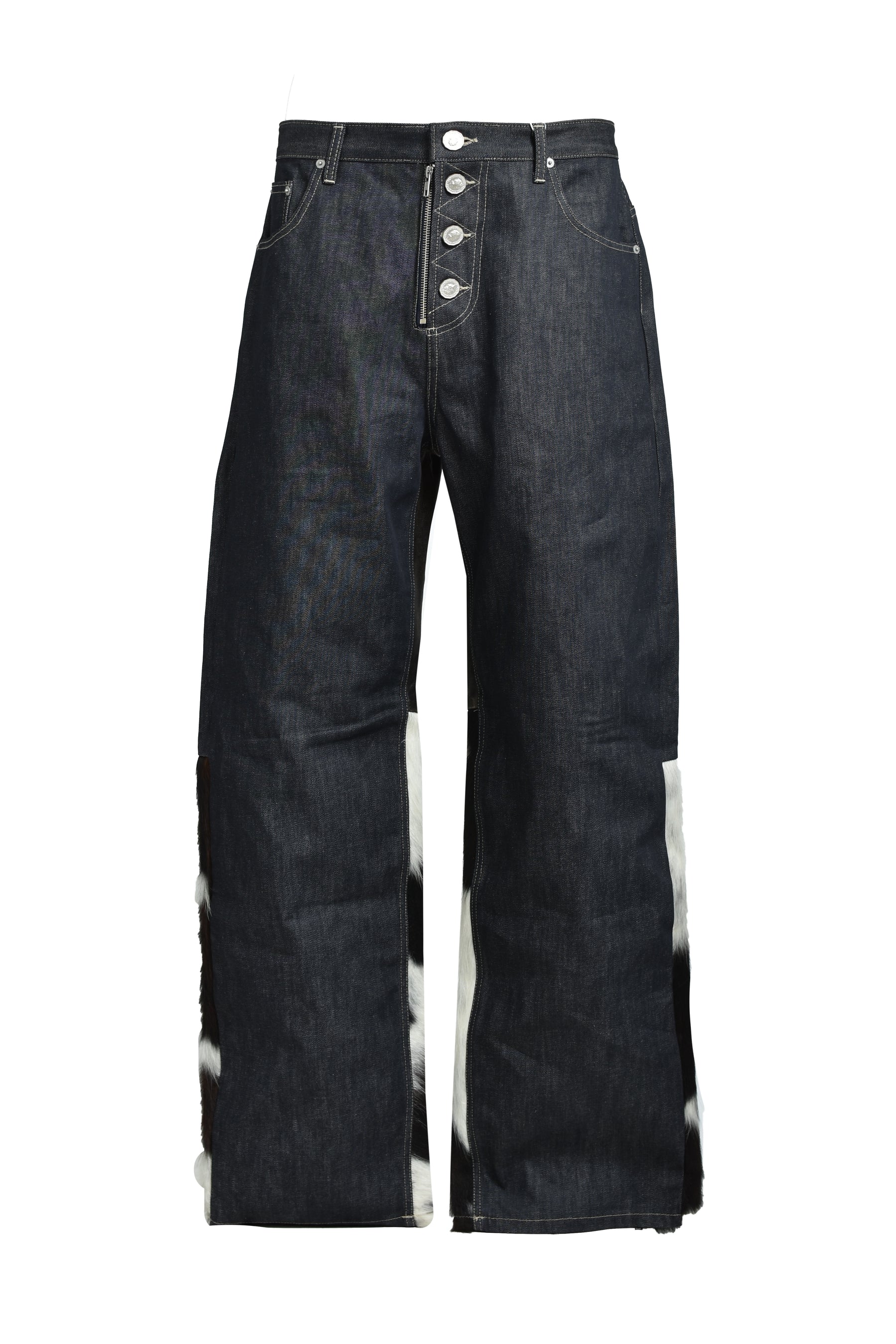 PANELED HYBRID DENIM PANTS / PONY HAIR