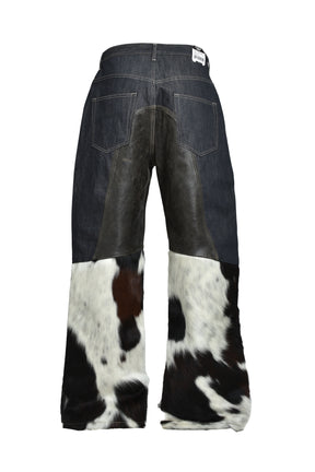PANELED HYBRID DENIM PANTS / PONY HAIR
