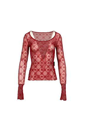 MOONOGRAM MESH FLOCK LS ROUNDNECK TOP / RIBBON RED