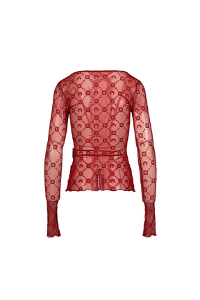 MOONOGRAM MESH FLOCK LS ROUNDNECK TOP / RIBBON RED