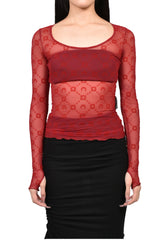 MOONOGRAM MESH FLOCK LS ROUNDNECK TOP / RIBBON RED