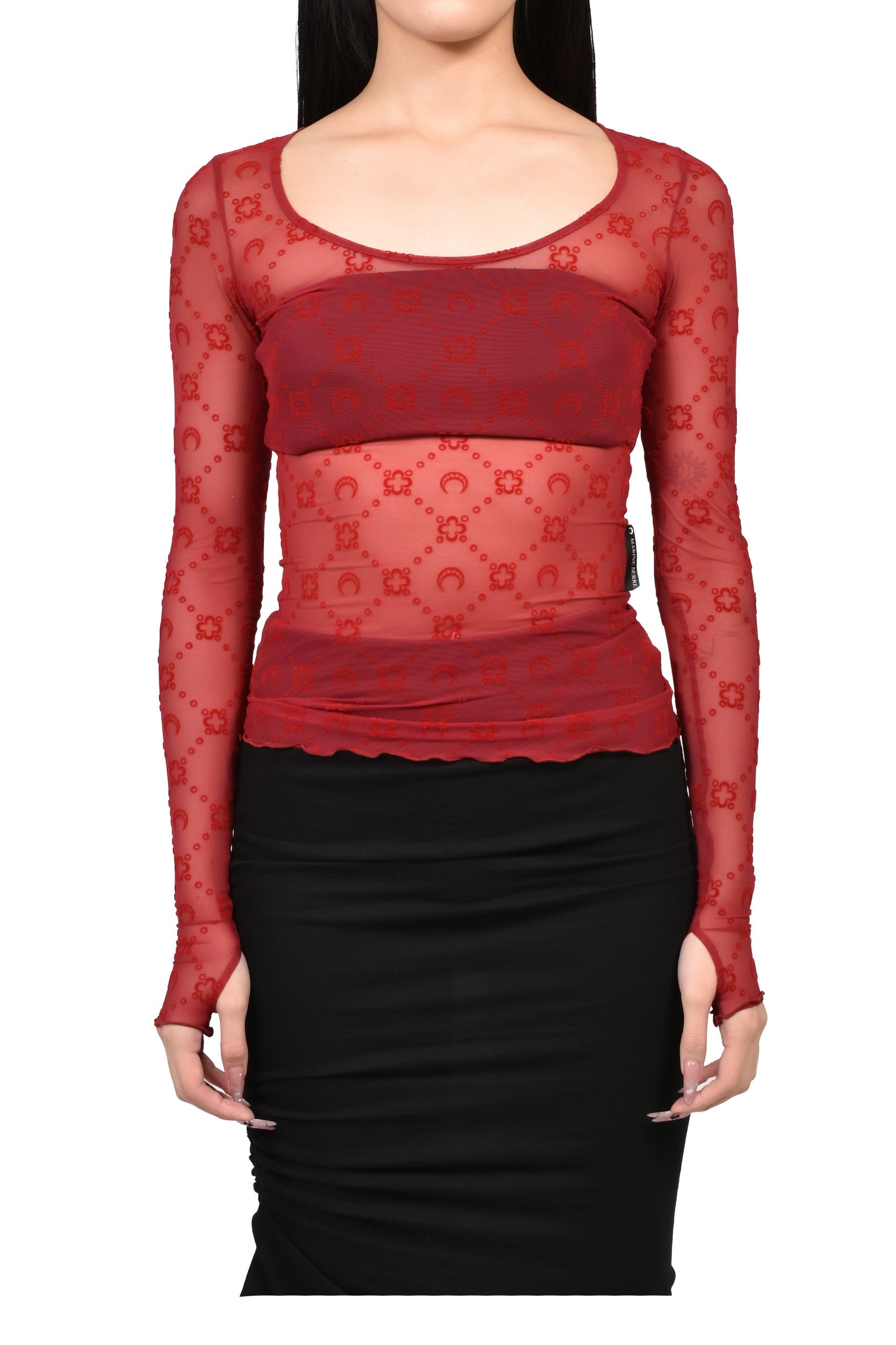 MOONOGRAM MESH FLOCK LS ROUNDNECK TOP / RIBBON RED