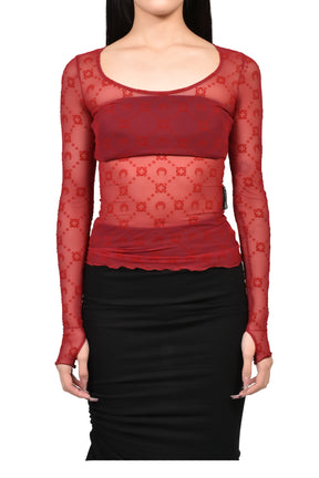 MOONOGRAM MESH FLOCK LS ROUNDNECK TOP / RIBBON RED