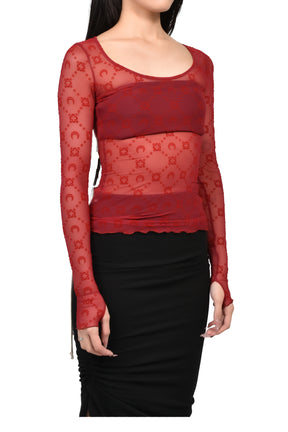 MOONOGRAM MESH FLOCK LS ROUNDNECK TOP / RIBBON RED