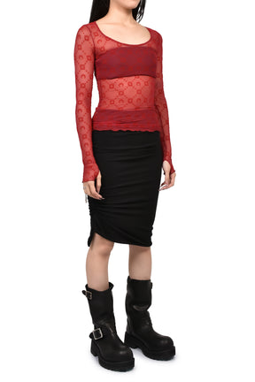 MOONOGRAM MESH FLOCK LS ROUNDNECK TOP / RIBBON RED