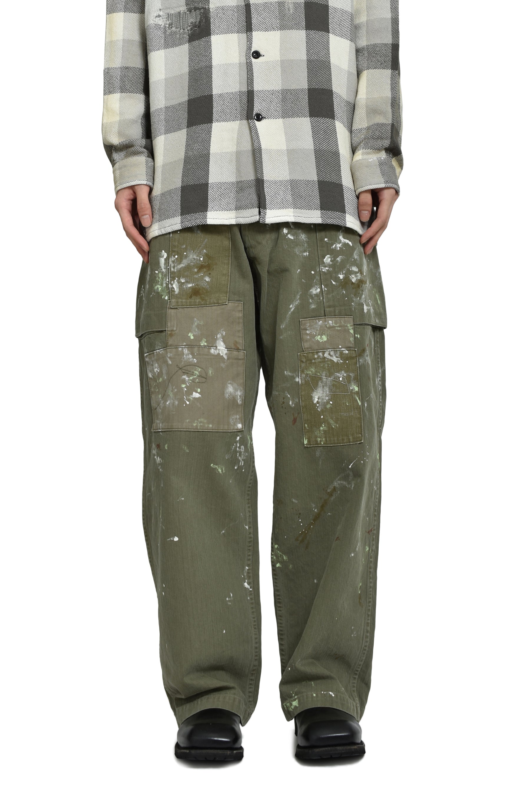 PAINT STAINED USMC P-44 HBT TROUSERS / PAINT STAINED OD