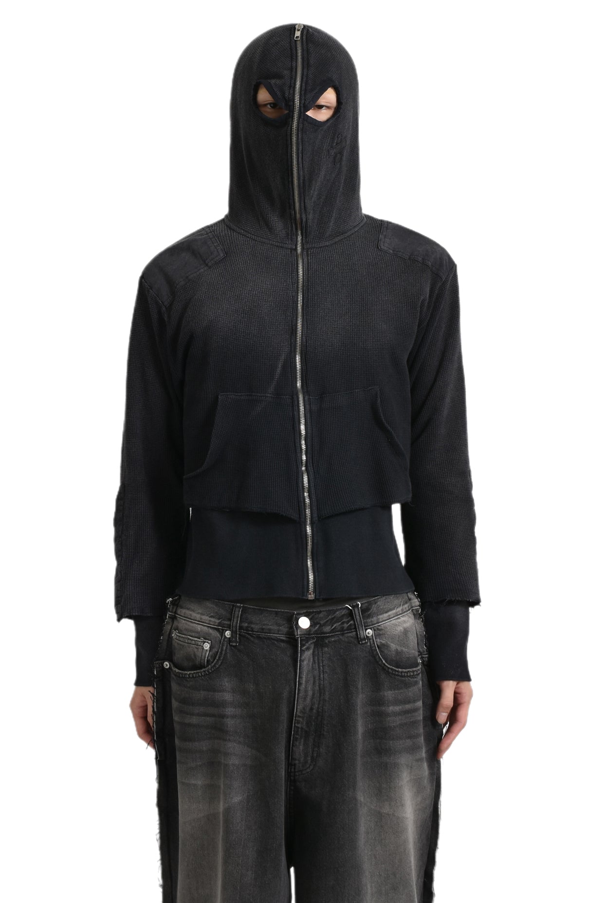 GIMP WAFFLE THERMAL ZIP HOODIE / WASHED BLK