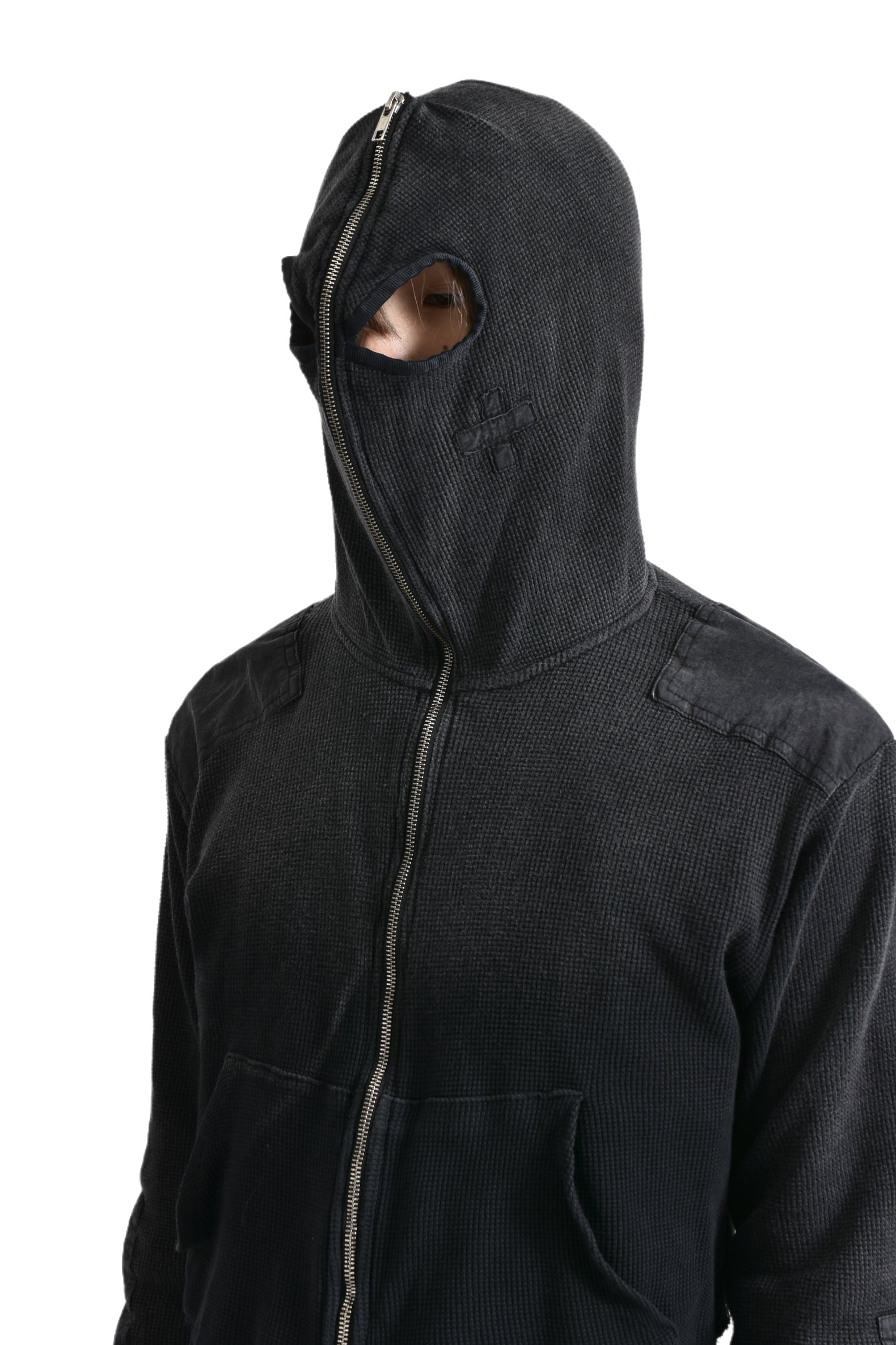 GIMP WAFFLE THERMAL ZIP HOODIE / WASHED BLK