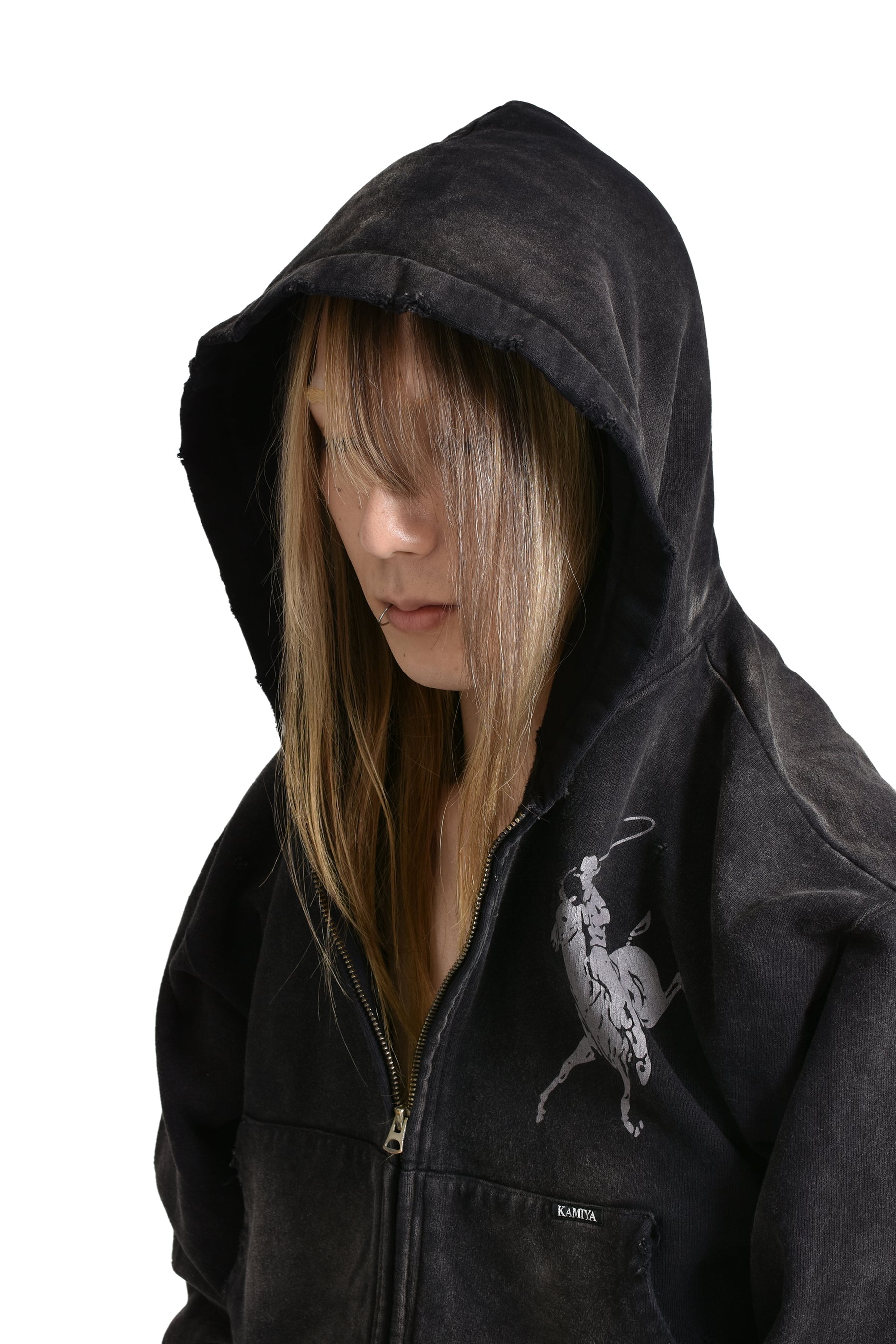 “RODEO”BREACHED ZIP-UP HOODIE / BLK