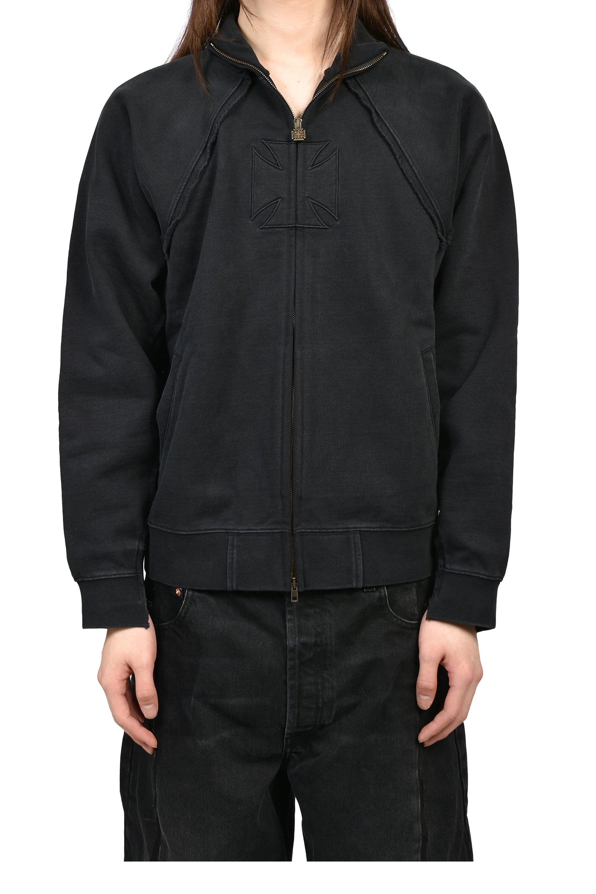 BIKER CROSS FITTED ZIP-UP HOODIE / BLK