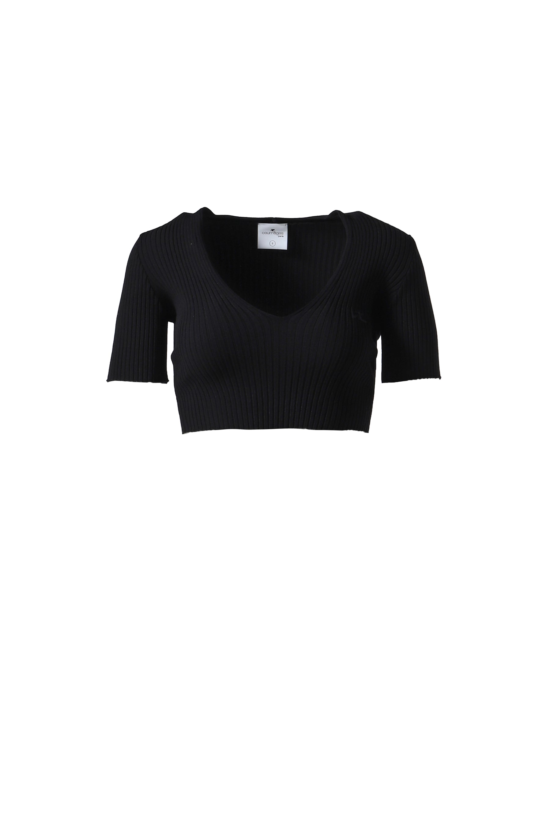 V NECK RIB KNIT CROPPED SWEATER / BLK