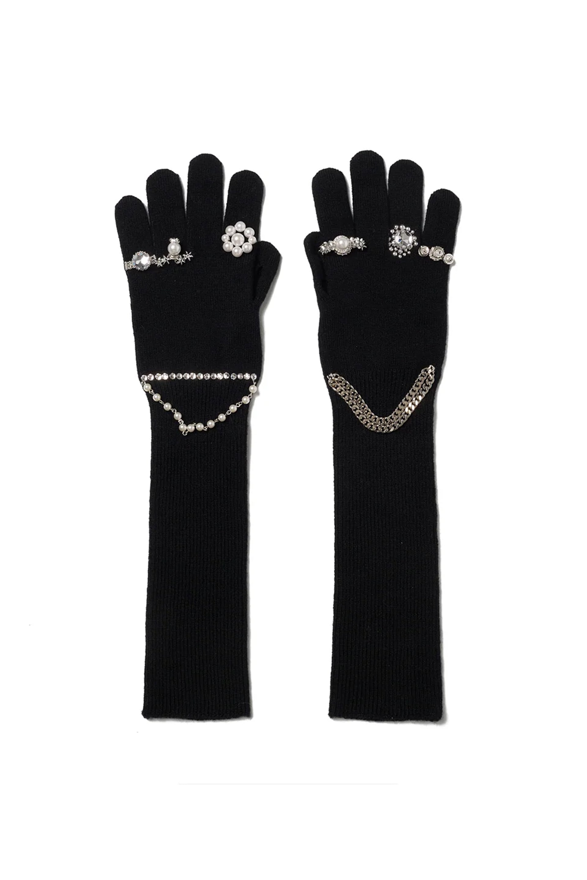 JEWELRY ATTACHED LONG GLOVES/SMALL / BLK/SIL