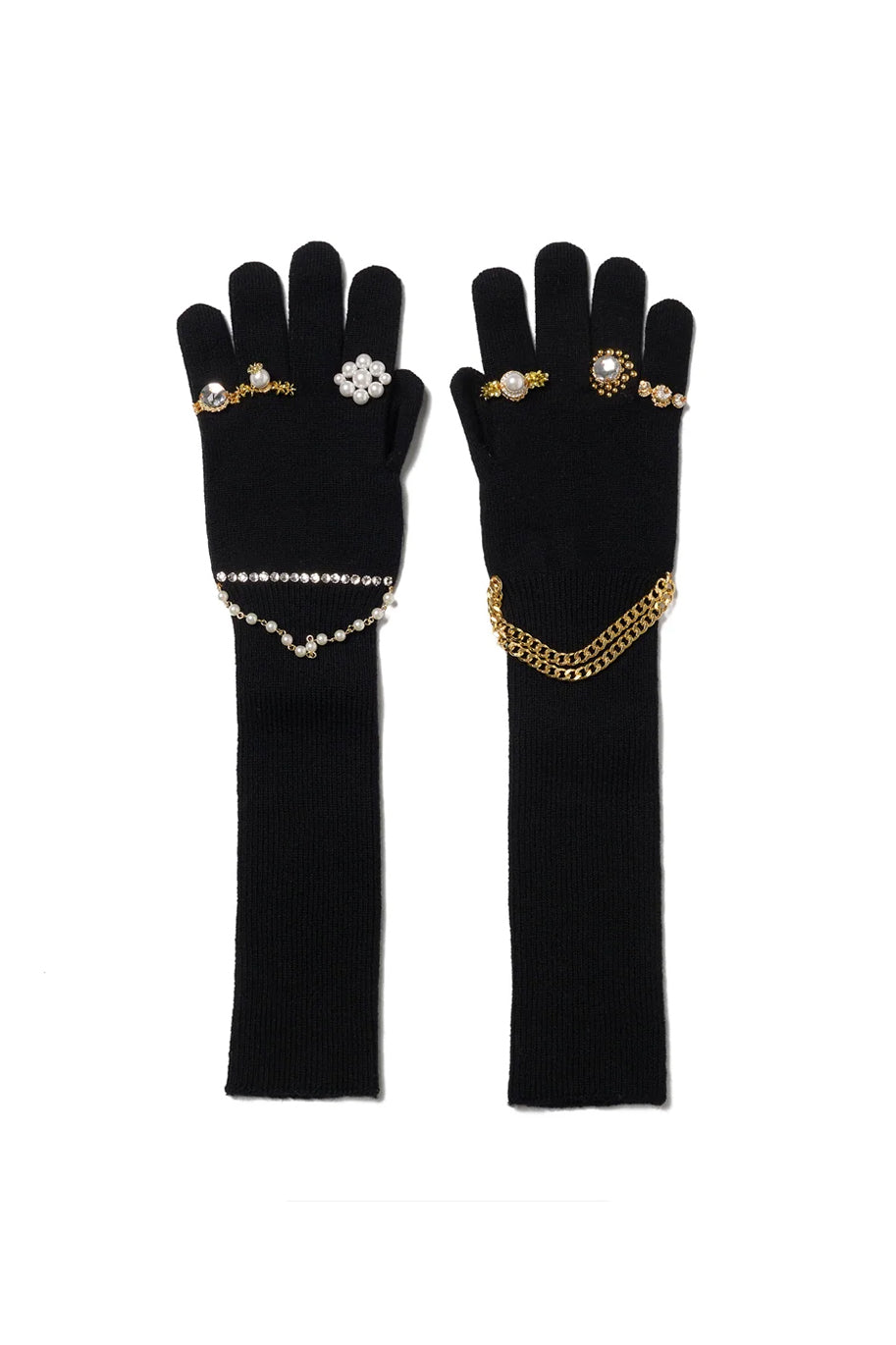 EWELRY ATTACHED LONG GLOVES/LARGE / BLK/GOLD