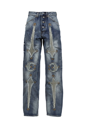 TC BONE LEATHER DENIM PANTS / BLU