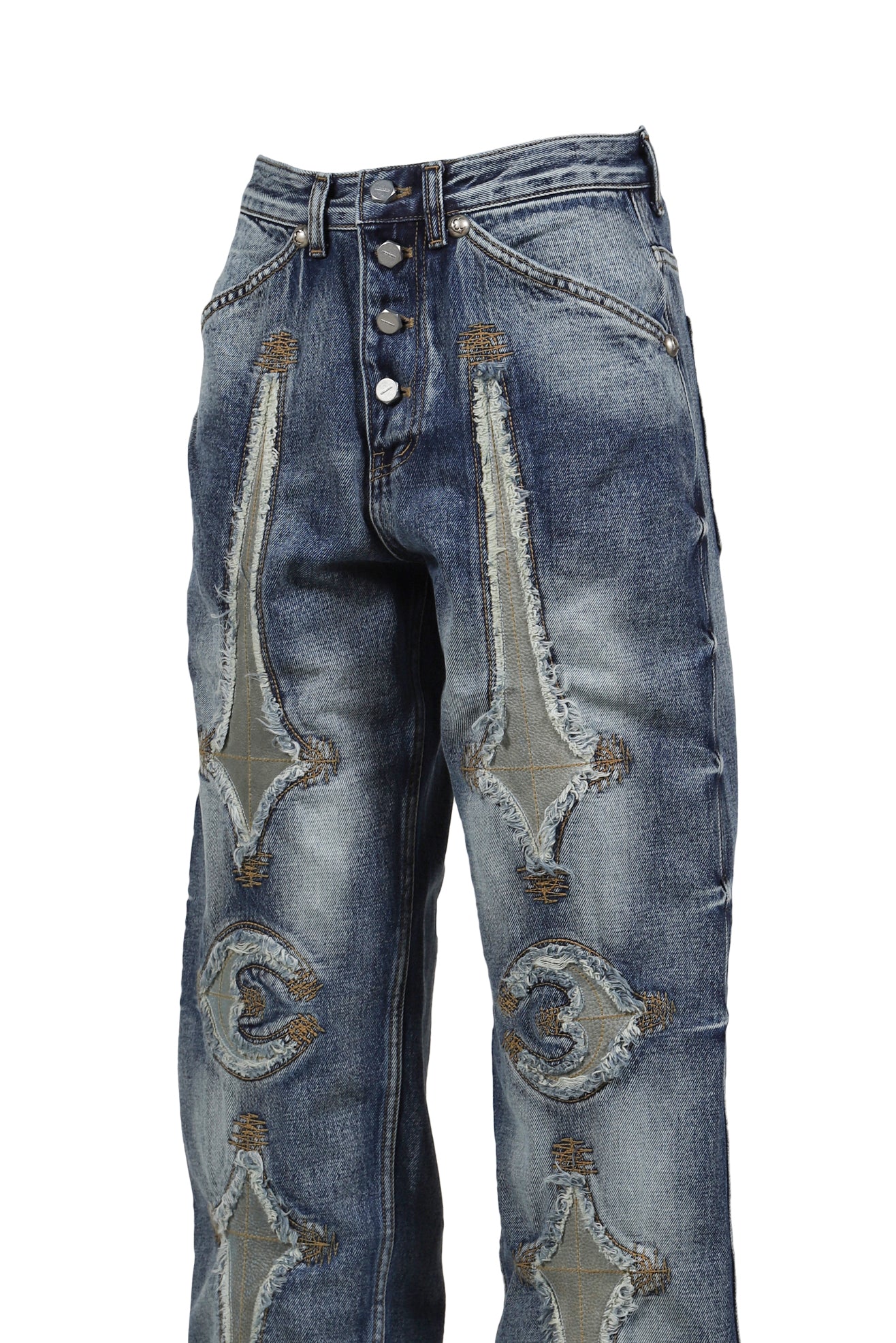 TC BONE LEATHER DENIM PANTS / BLU