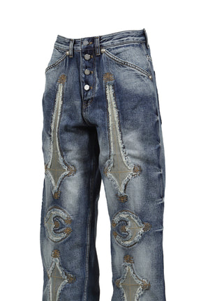 TC BONE LEATHER DENIM PANTS / BLU