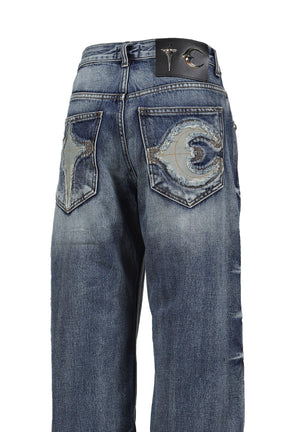 TC BONE LEATHER DENIM PANTS / BLU