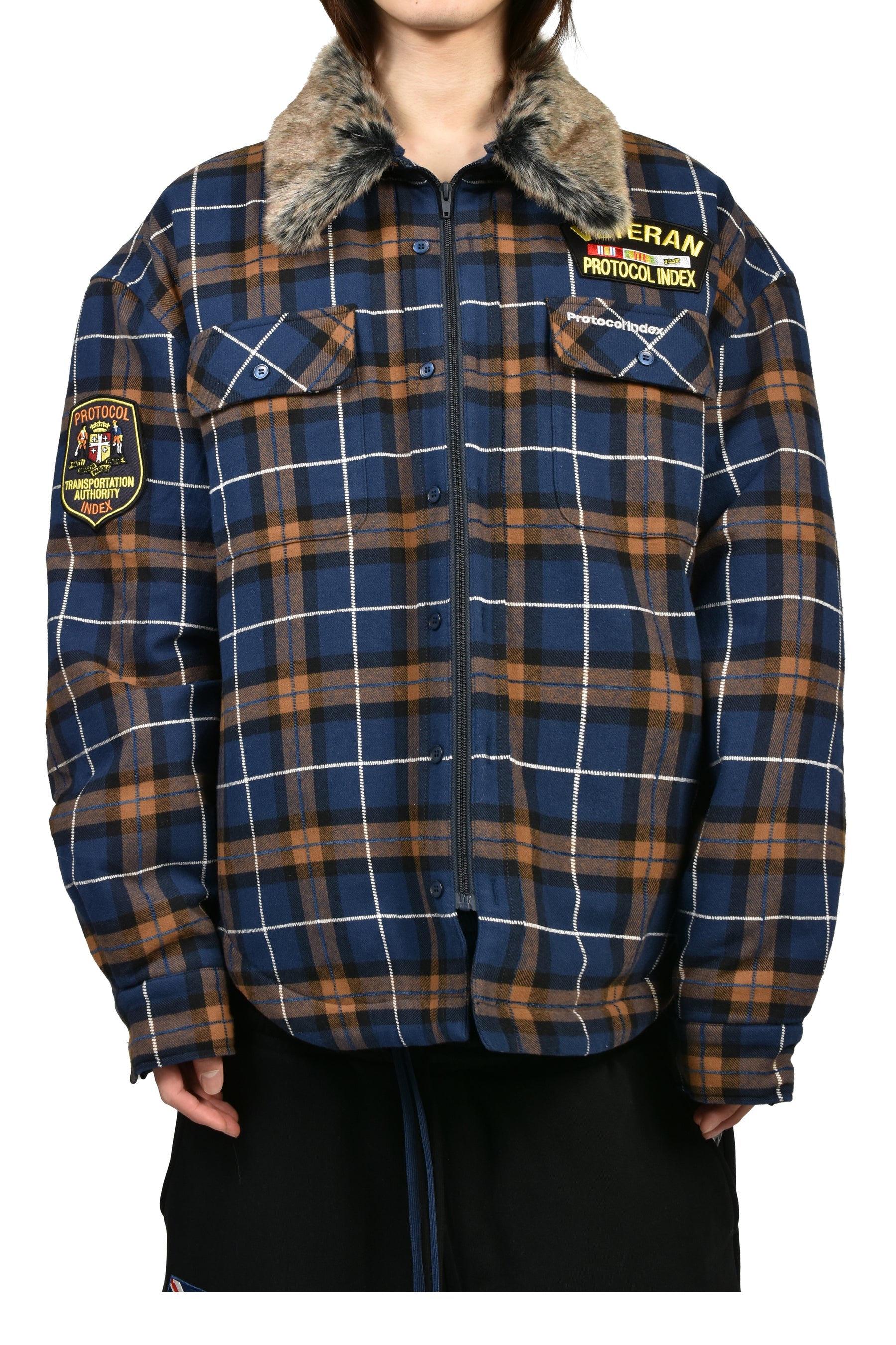 FUR FLANNEL CHECK SHIRTS JACKET / BLU