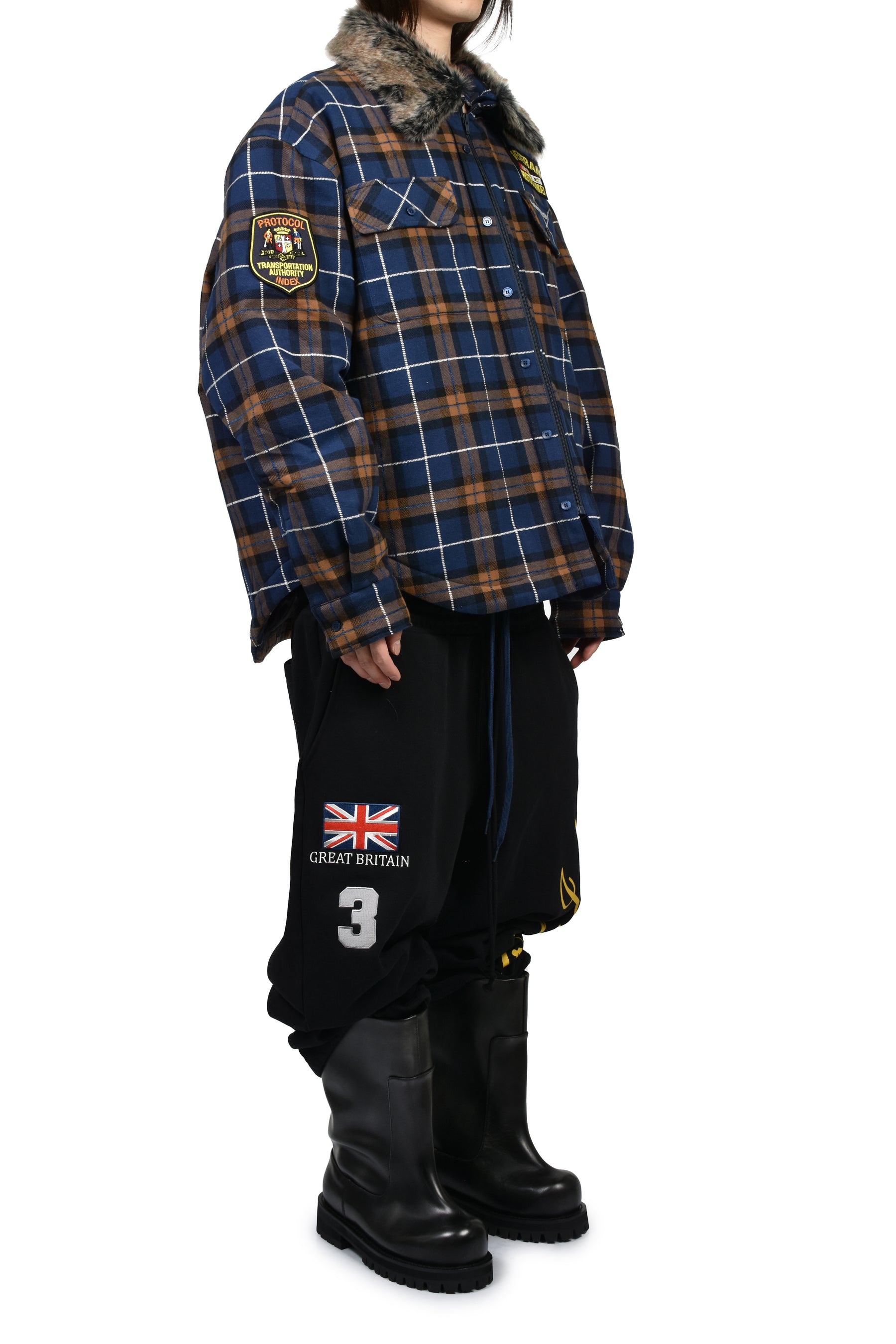 FUR FLANNEL CHECK SHIRTS JACKET / BLU