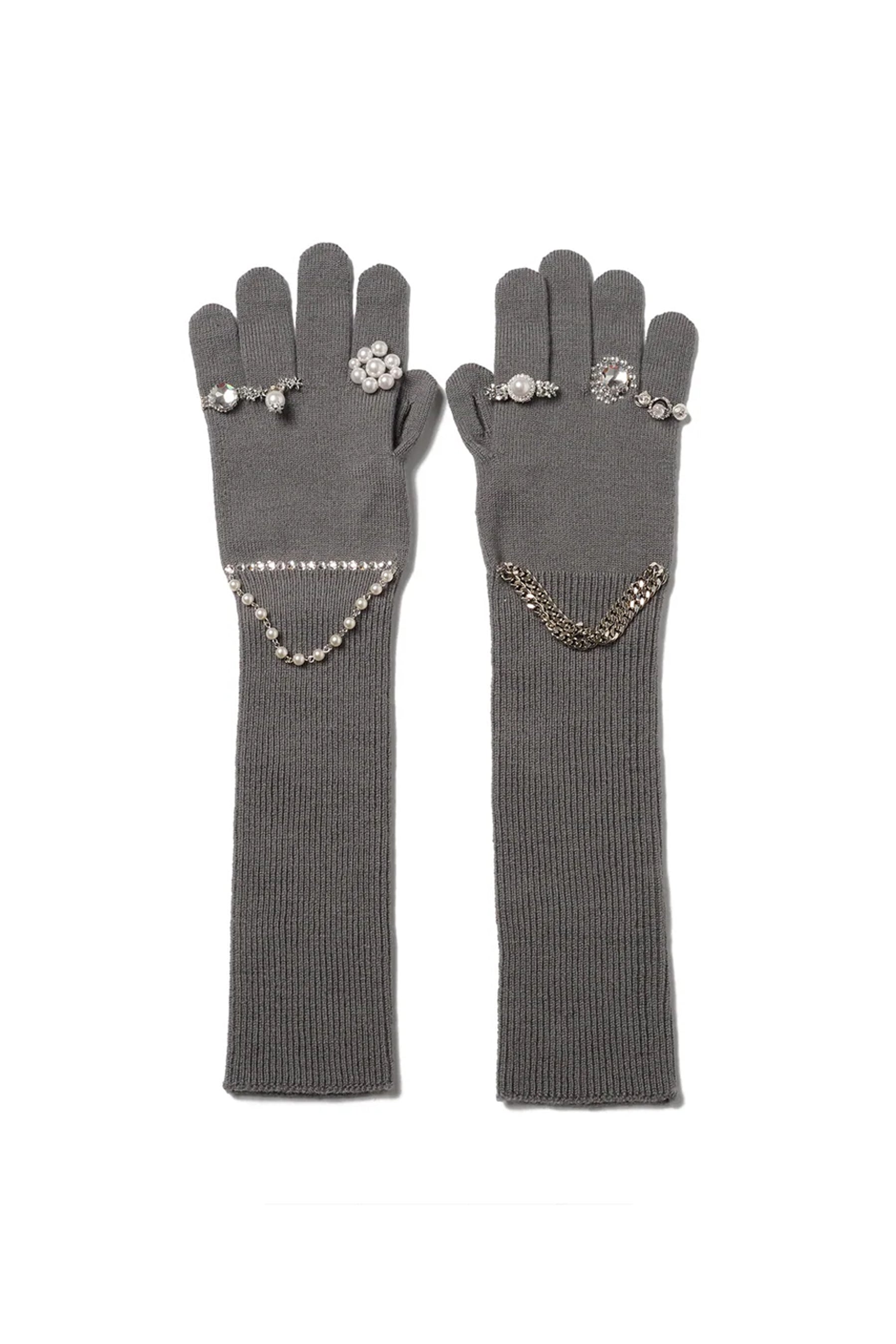 EWELRY ATTACHED LONG GLOVES/LARGE / GRY