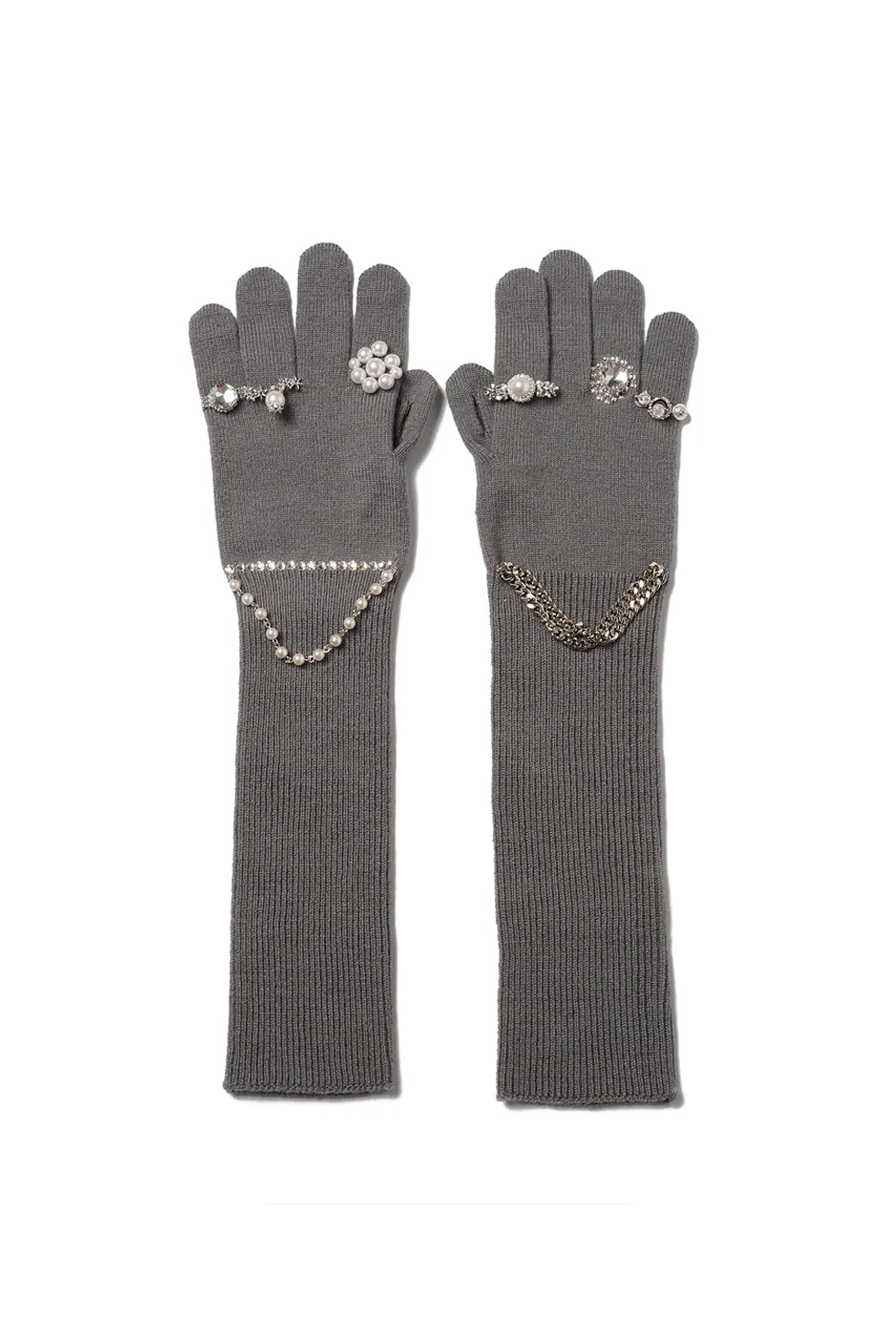 EWELRY ATTACHED LONG GLOVES/LARGE / GRY