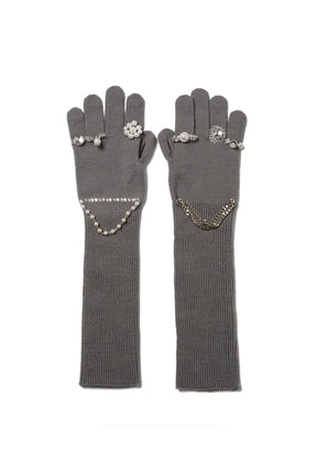 EWELRY ATTACHED LONG GLOVES/LARGE / GRY