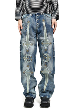 TC BONE LEATHER DENIM PANTS / BLU
