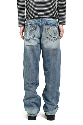 TC BONE LEATHER DENIM PANTS / BLU