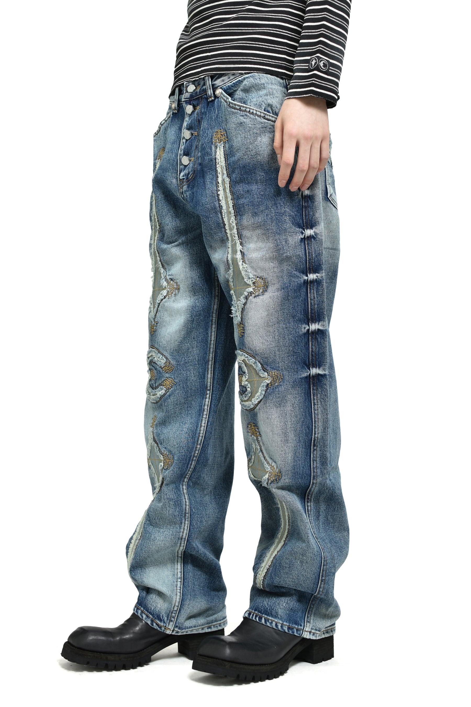 TC BONE LEATHER DENIM PANTS / BLU