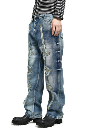 TC BONE LEATHER DENIM PANTS / BLU