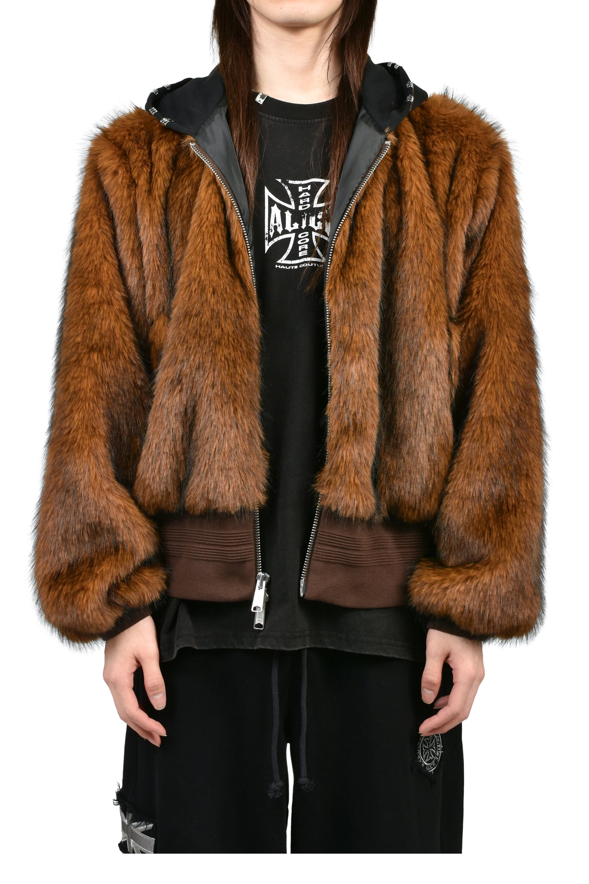 HOODED MA-1 BOMBER FUR JACKET / BRW