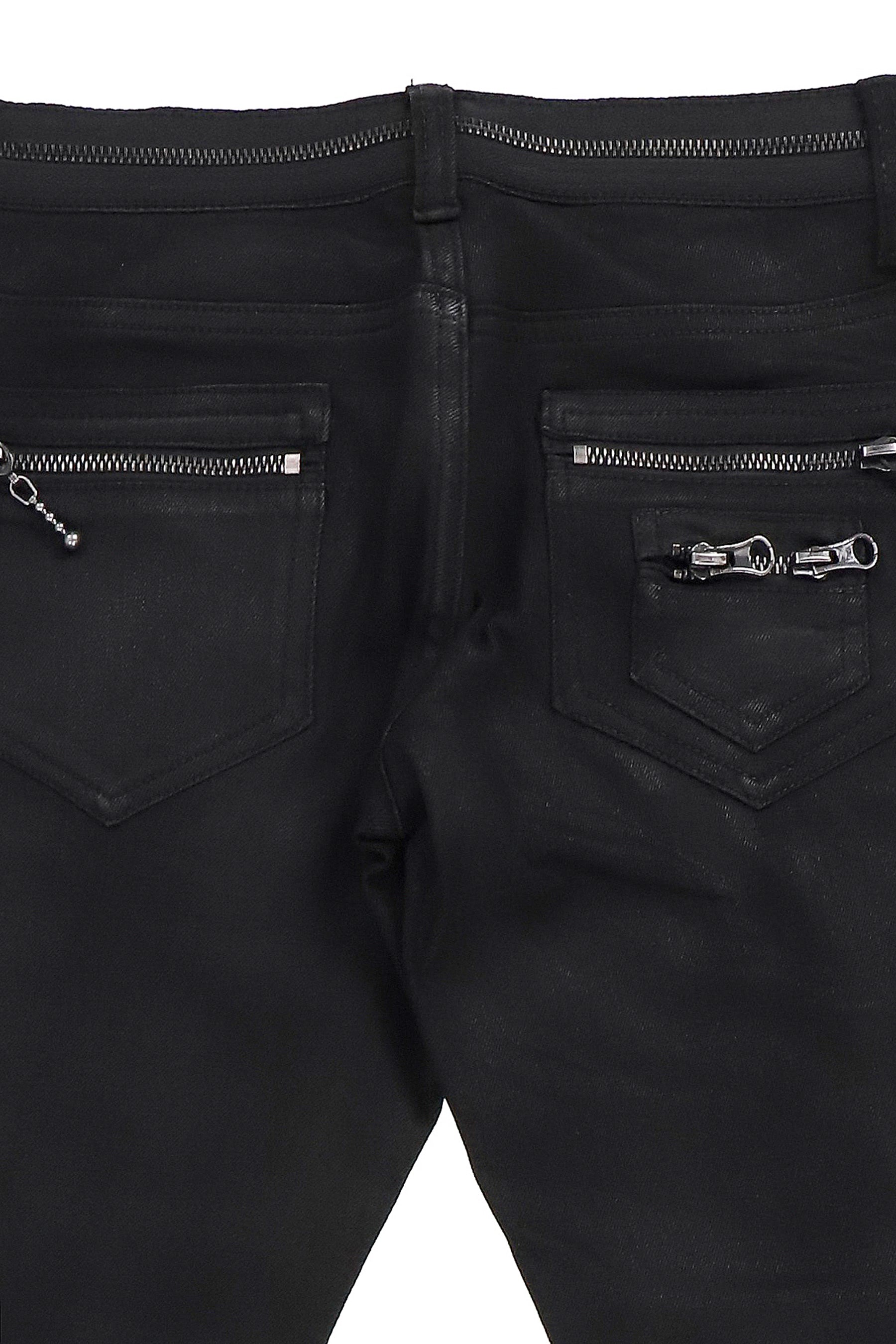 COATED ZIP SKINNY JEANS / BLACK