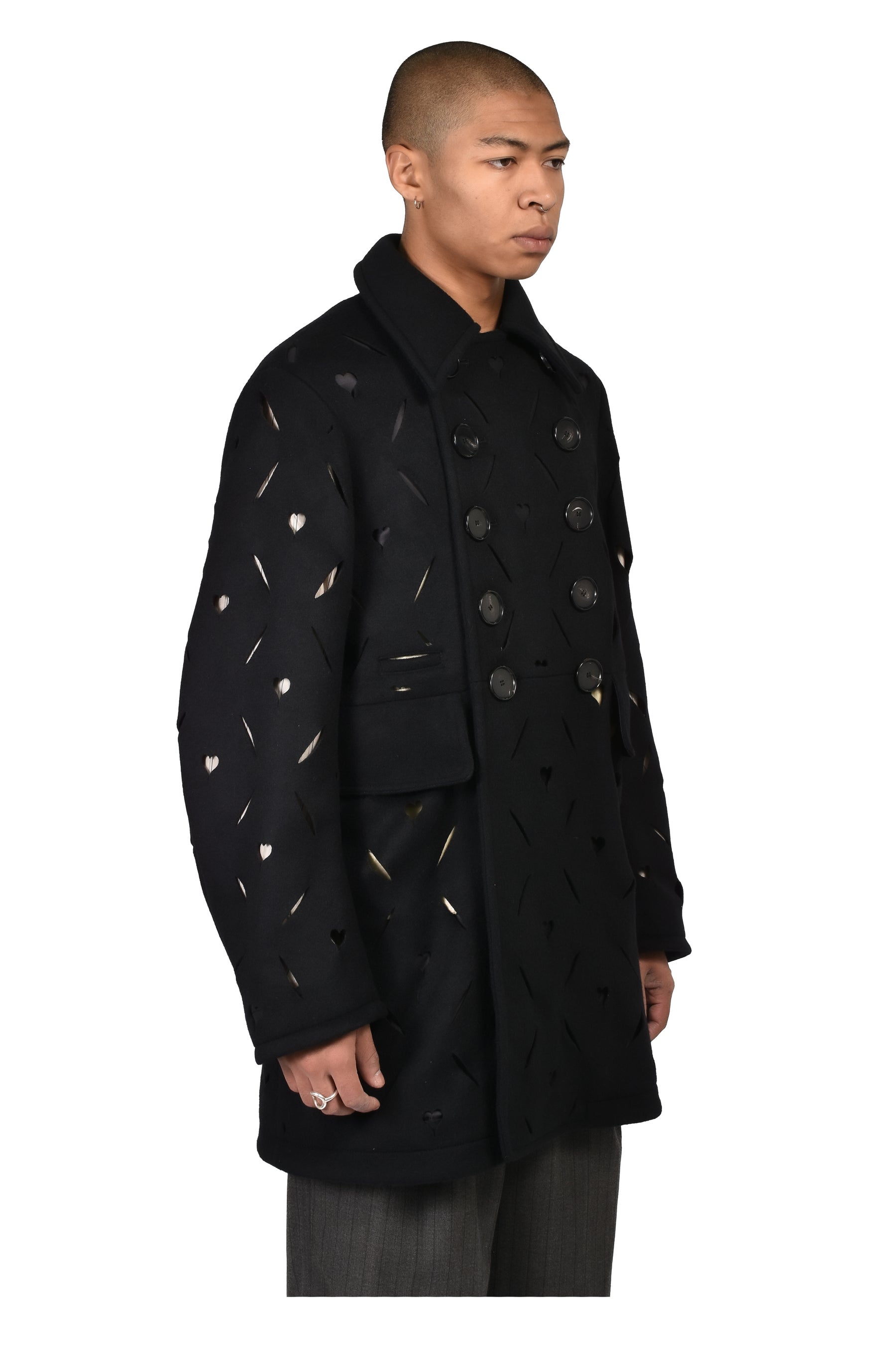 HEART HOLE PEA COAT / BLK