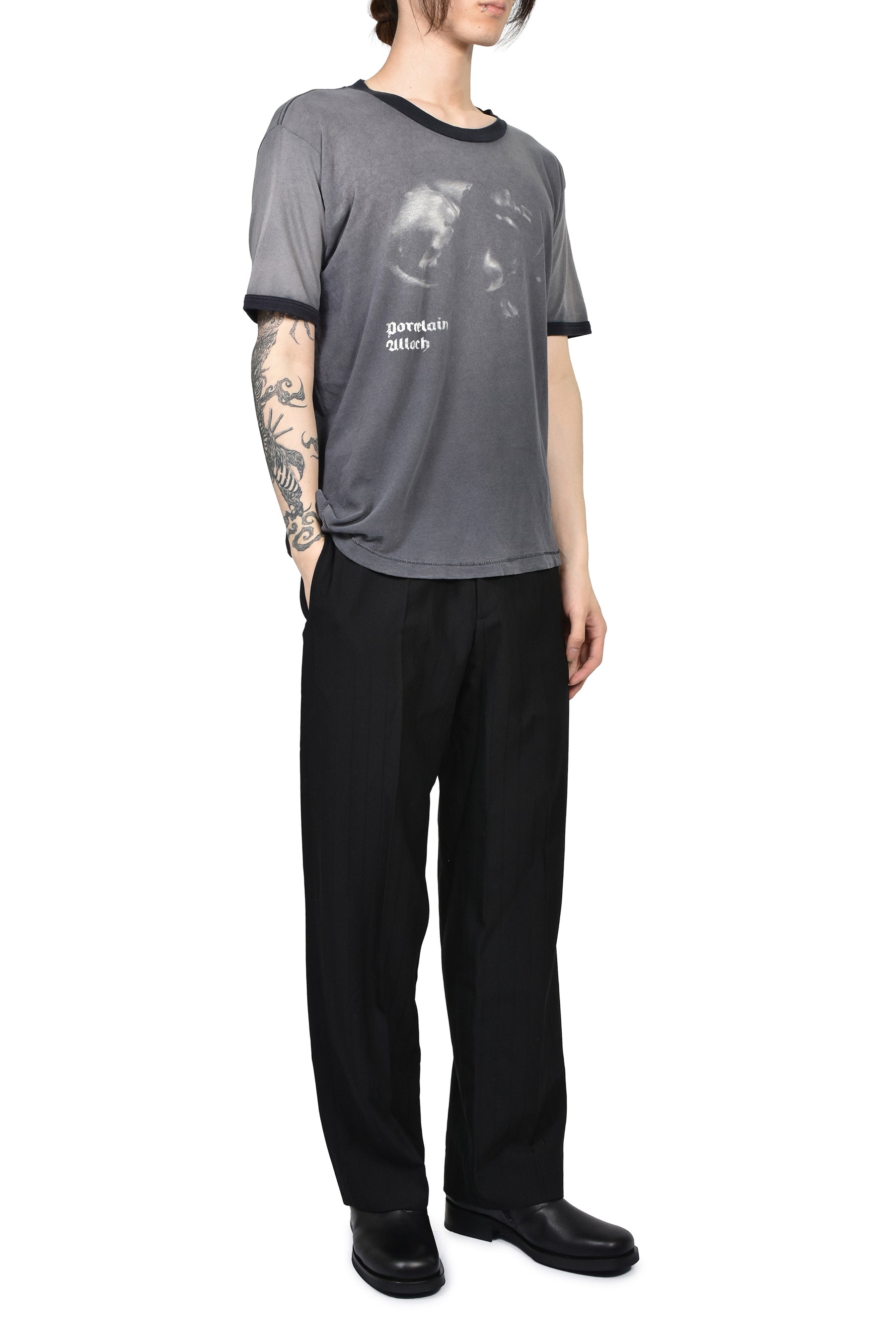 PORCELAIN DOG PATCH RINGER T-SHIRT / FADED CHA BLK