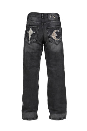 TC BONE LEATHER DENIM PANTS / BLK 