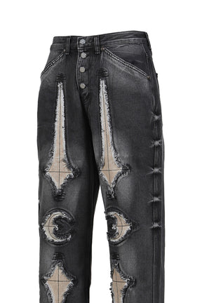 TC BONE LEATHER DENIM PANTS / BLK 