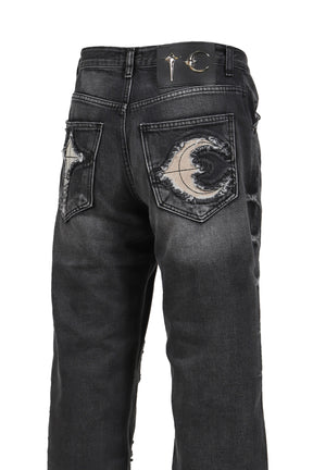 TC BONE LEATHER DENIM PANTS / BLK 
