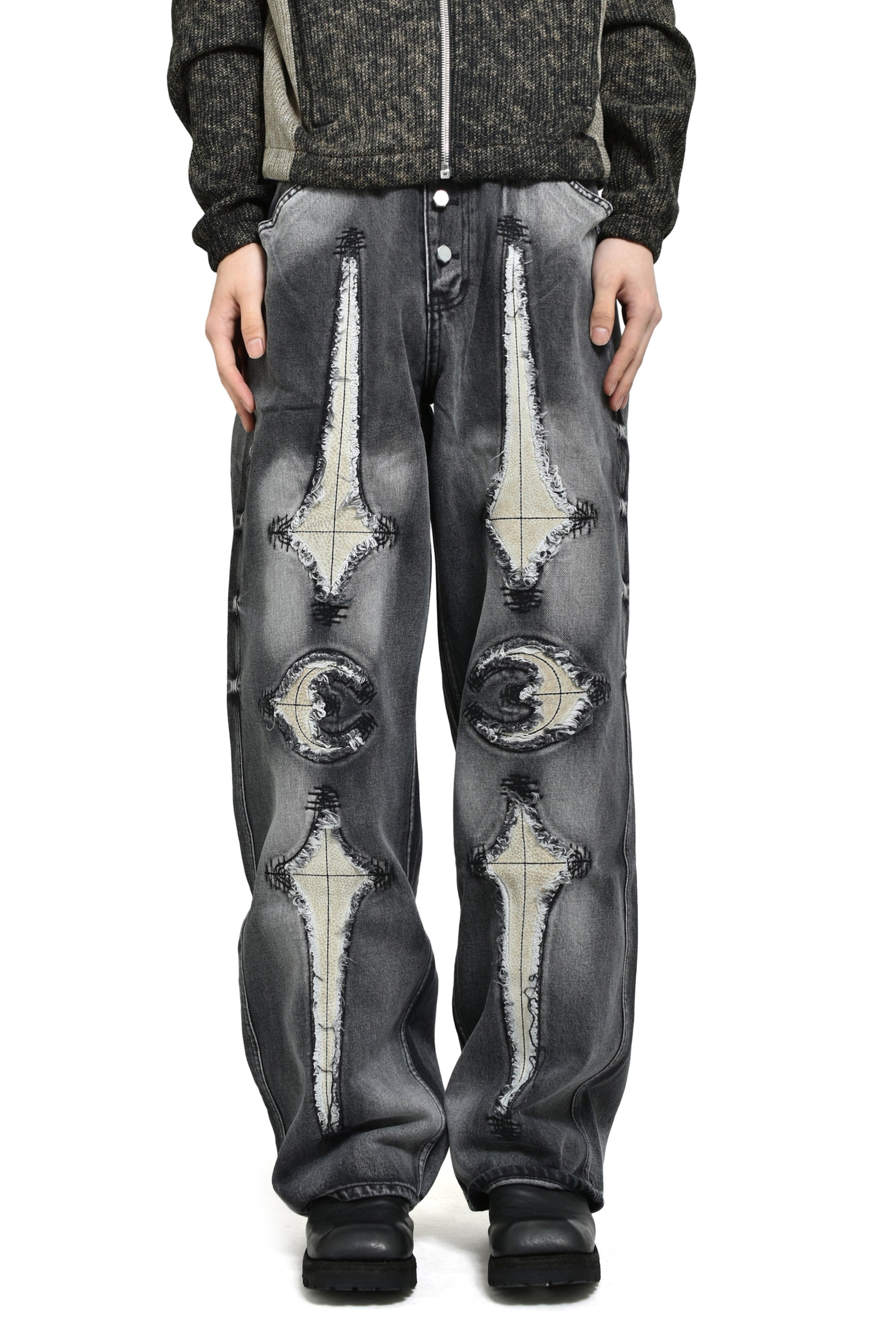 TC BONE LEATHER DENIM PANTS / BLK 