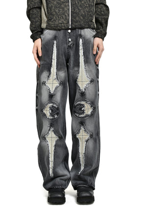 TC BONE LEATHER DENIM PANTS / BLK 