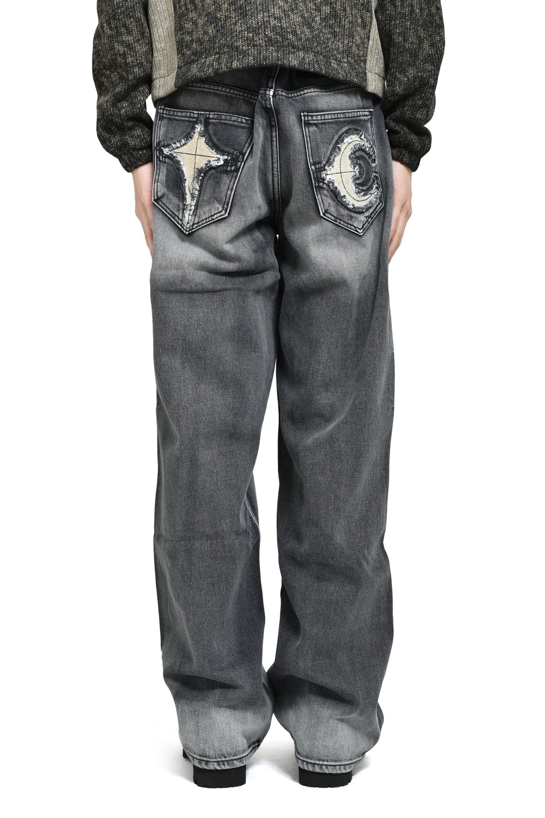 TC BONE LEATHER DENIM PANTS / BLK 
