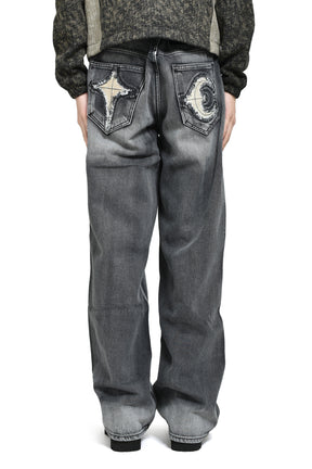 TC BONE LEATHER DENIM PANTS / BLK 