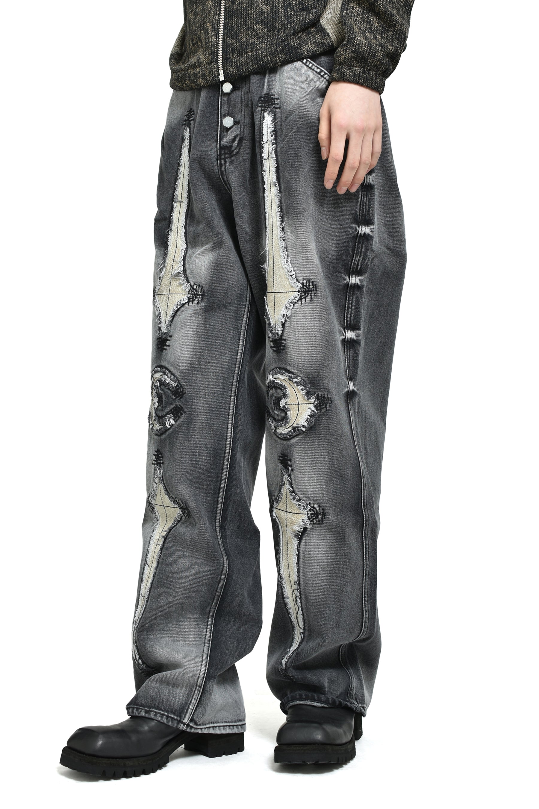 TC BONE LEATHER DENIM PANTS / BLK 