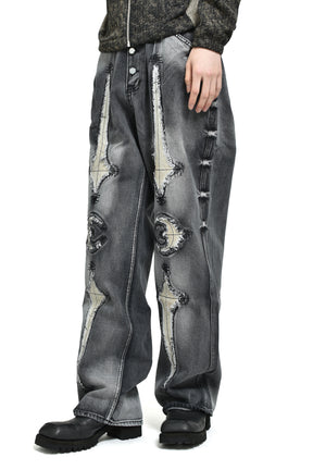 TC BONE LEATHER DENIM PANTS / BLK 