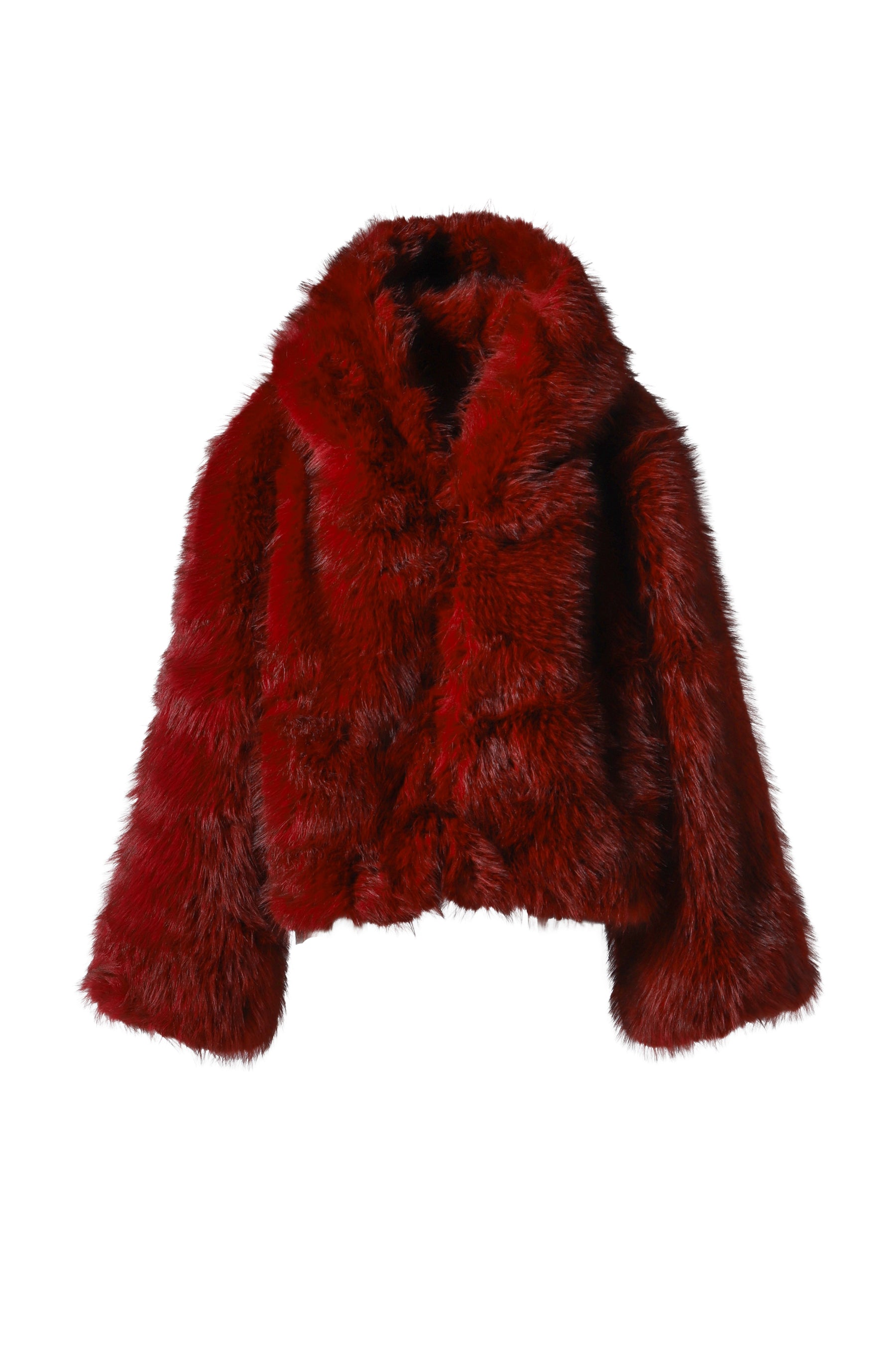 OVERSIZED HOODIED FAUX FUR COAT / RED