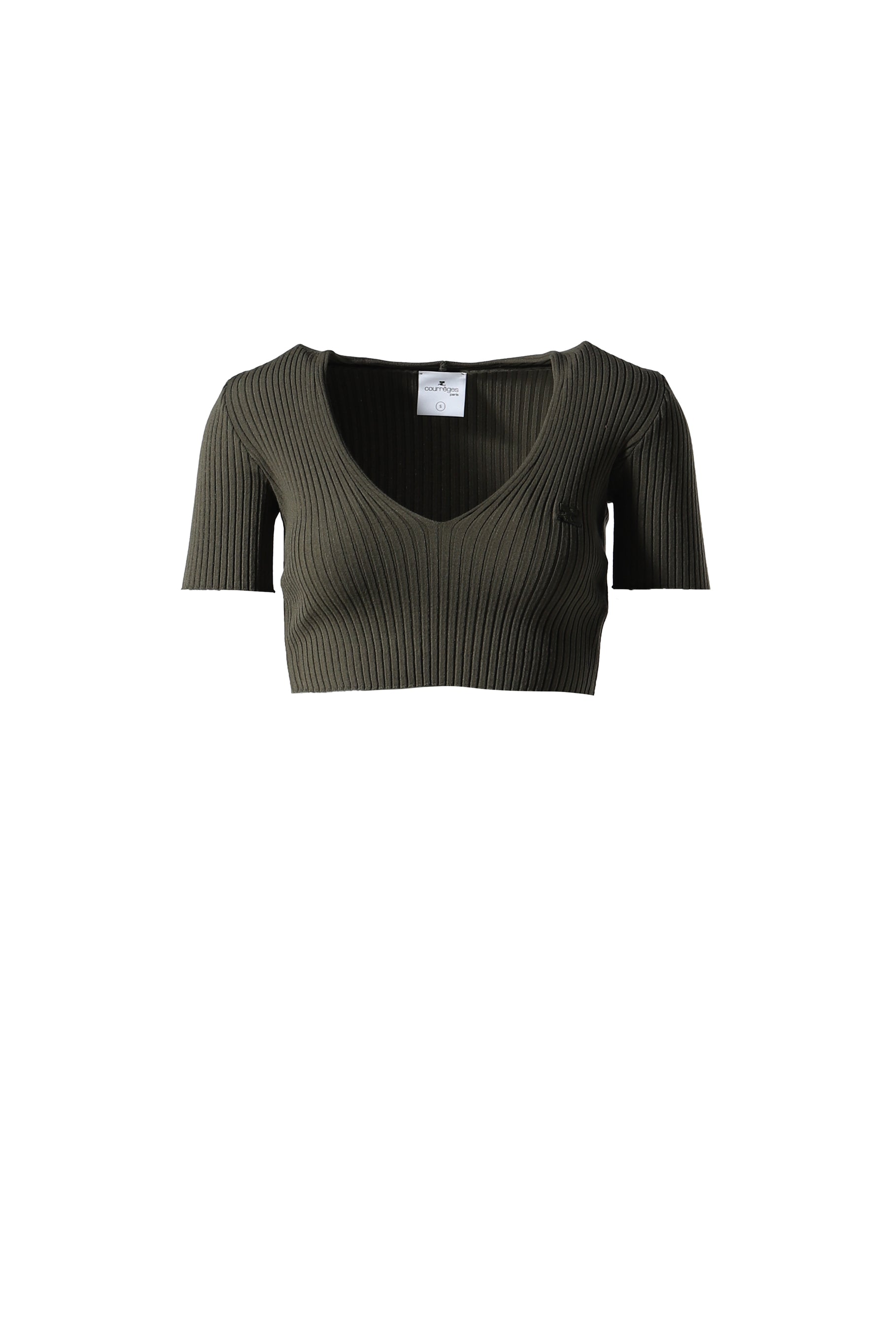 V NECK RIB KNIT CROPPED SWEATER / GRN