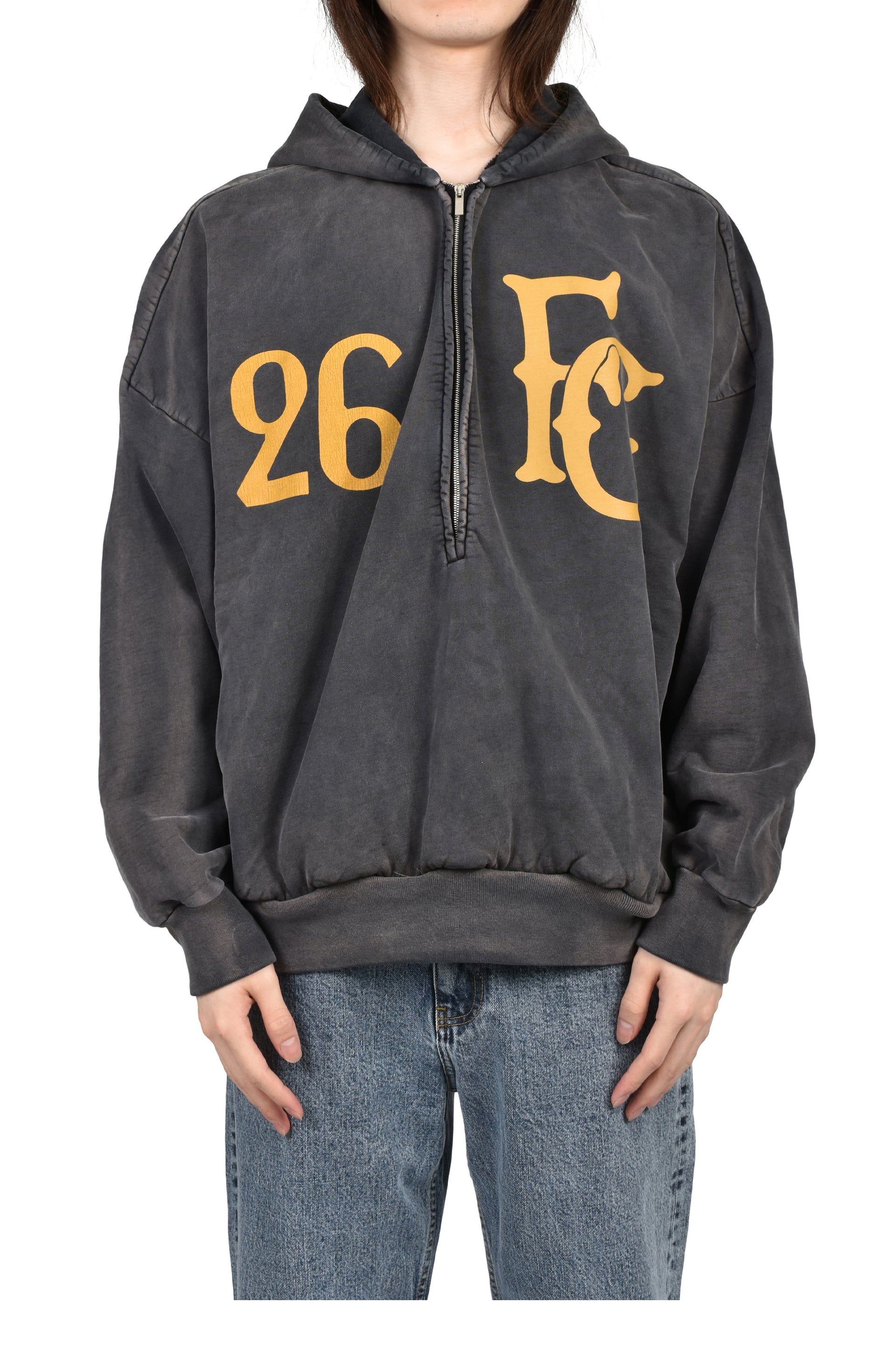 "BASEBALL CLUB" HALF ZIP HOODIE / OFF BLK