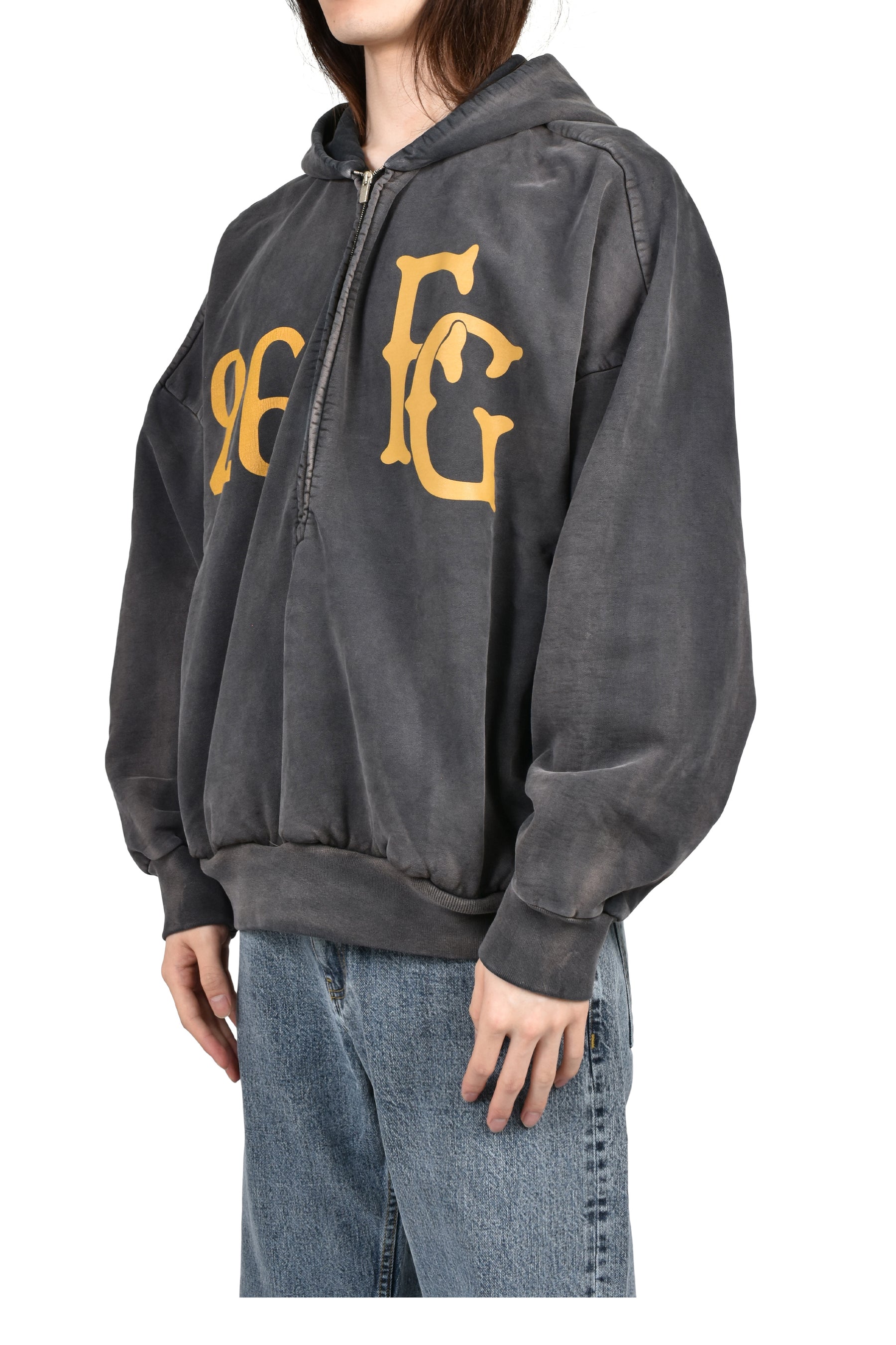 "BASEBALL CLUB" HALF ZIP HOODIE / OFF BLK
