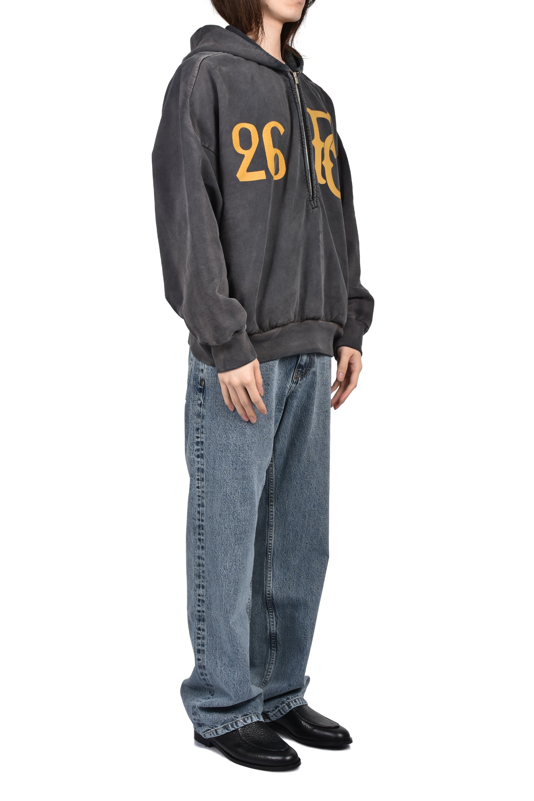 "BASEBALL CLUB" HALF ZIP HOODIE / OFF BLK