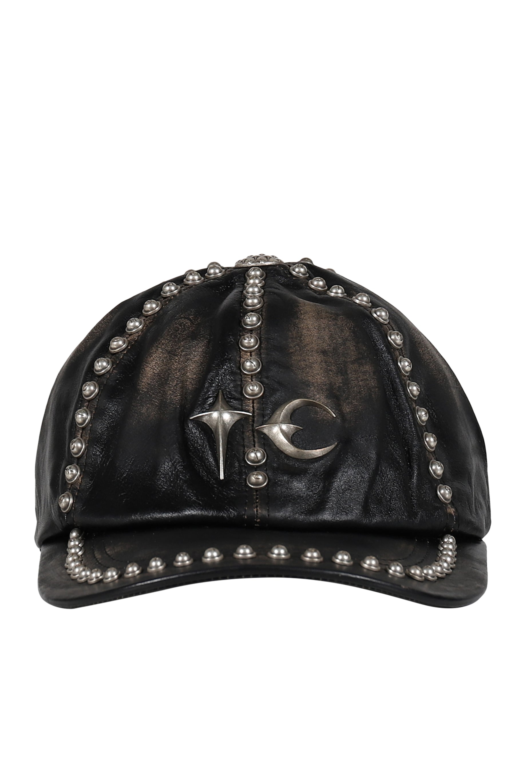 STUDDED WASHED LEATHER CAP / BLK 